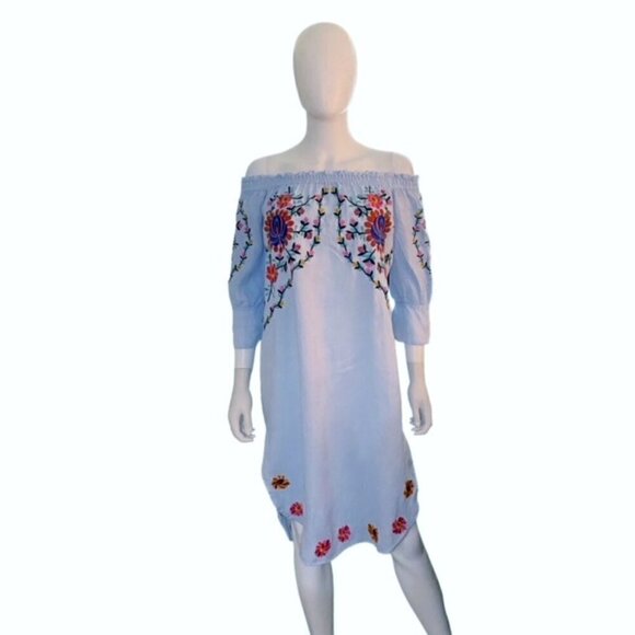 Zara Light Blue Linen Floral Embroidered Dress Small - Picture 1 of 7